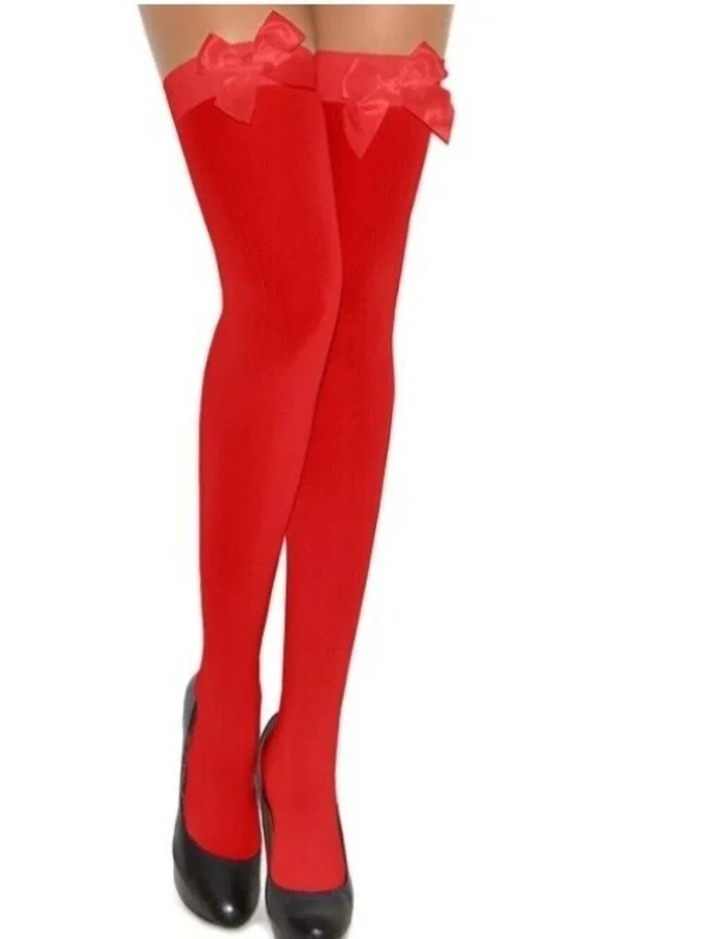 Red Thigh-High Bow Accent Stockings - Women Accessories
